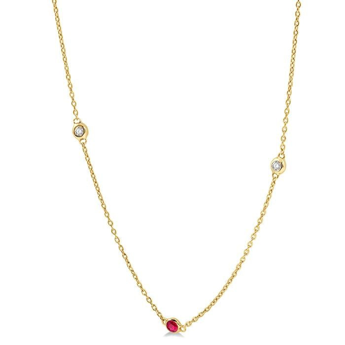 2.25 MM Ruby and 1/4 Ctw Round Cut Diamond Precious Station Necklace in 14K Yellow Gold