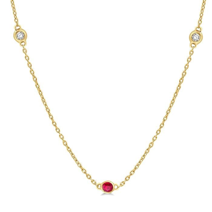 2.25 MM Ruby and 1/4 Ctw Round Cut Diamond Precious Station Necklace in 14K Yellow Gold