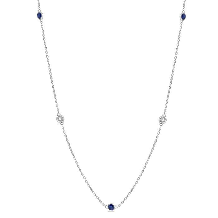 2.25 MM Sapphire and 1/4 Ctw Round Cut Diamond Precious Station Necklace in 14K White Gold
