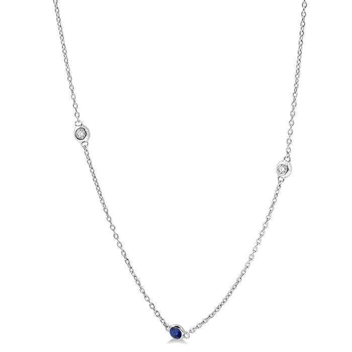 2.25 MM Sapphire and 1/4 Ctw Round Cut Diamond Precious Station Necklace in 14K White Gold
