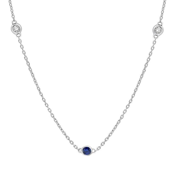 2.25 MM Sapphire and 1/4 Ctw Round Cut Diamond Precious Station Necklace in 14K White Gold