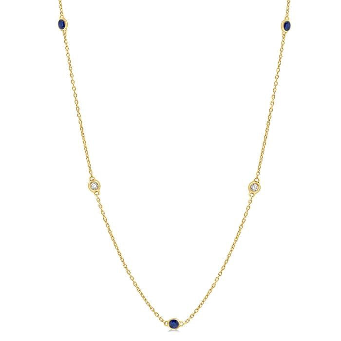 2.25 MM Sapphire and 1/4 Ctw Round Cut Diamond Precious Station Necklace in 14K Yellow Gold