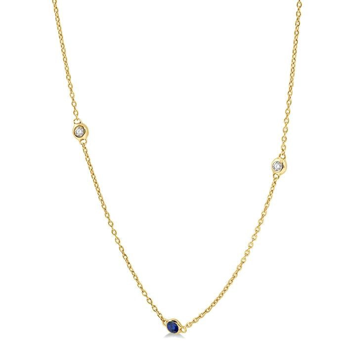2.25 MM Sapphire and 1/4 Ctw Round Cut Diamond Precious Station Necklace in 14K Yellow Gold