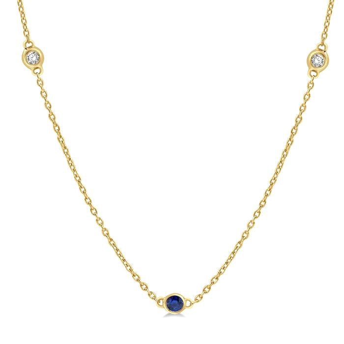 2.25 MM Sapphire and 1/4 Ctw Round Cut Diamond Precious Station Necklace in 14K Yellow Gold
