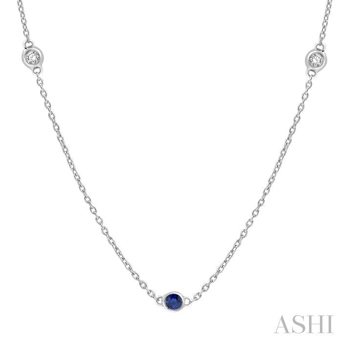 2.25 MM Sapphire and 1/4 Ctw Round Cut Diamond Precious Station Necklace in 14K White Gold