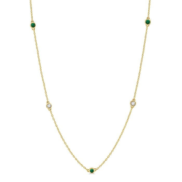 2.6 MM Emerald and 3/8 Ctw Round Cut Diamond Precious Station Necklace in 14K Yellow Gold