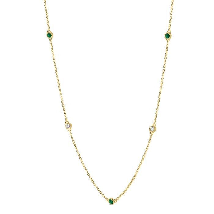 2.6 MM Emerald and 3/8 Ctw Round Cut Diamond Precious Station Necklace in 14K Yellow Gold