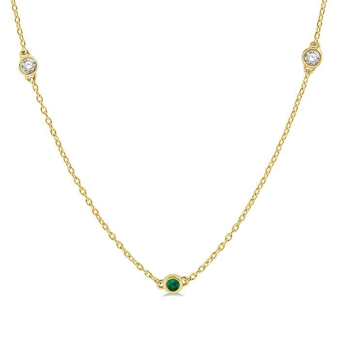 2.6 MM Emerald and 3/8 Ctw Round Cut Diamond Precious Station Necklace in 14K Yellow Gold
