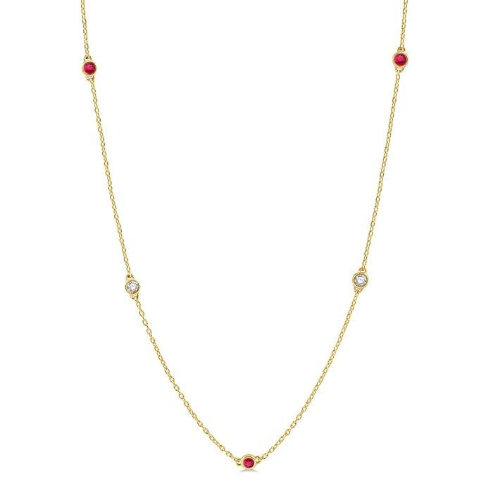 2.6 MM Ruby and 3/8 Ctw Round Cut Diamond Precious Station Necklace in 14K Yellow Gold