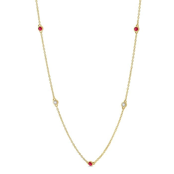 2.6 MM Ruby and 3/8 Ctw Round Cut Diamond Precious Station Necklace in 14K Yellow Gold