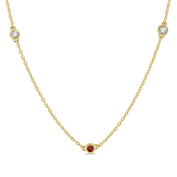 2.6 MM Ruby and 3/8 Ctw Round Cut Diamond Precious Station Necklace in 14K Yellow Gold
