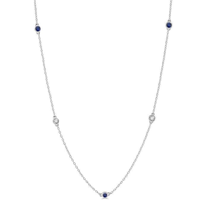 2.6 MM Sapphire and 3/8 Ctw Round Cut Diamond Precious Station Necklace in 14K White Gold