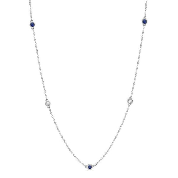 2.6 MM Sapphire and 3/8 Ctw Round Cut Diamond Precious Station Necklace in 14K White Gold