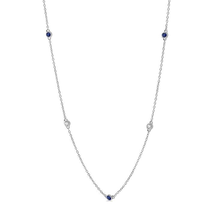 2.6 MM Sapphire and 3/8 Ctw Round Cut Diamond Precious Station Necklace in 14K White Gold