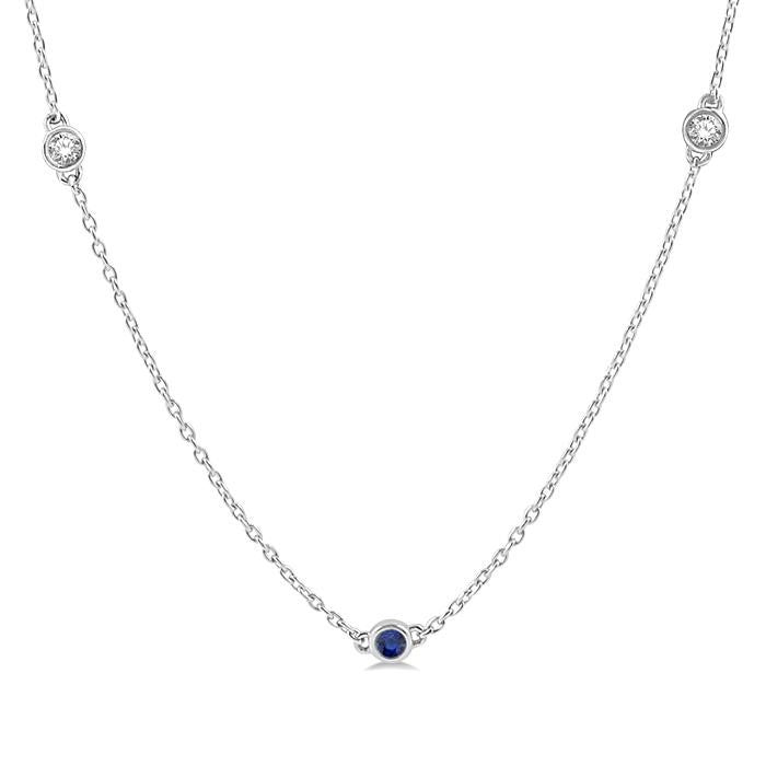 2.6 MM Sapphire and 3/8 Ctw Round Cut Diamond Precious Station Necklace in 14K White Gold