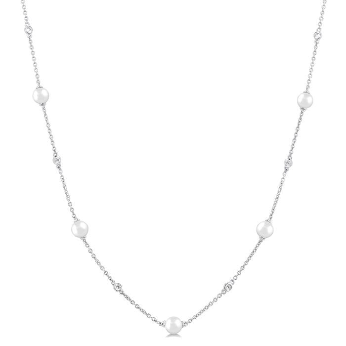 4 MM Round Shape Cultured Pearl and 1/6 Ctw Round Cut Diamond Station Necklace in 14K White Gold