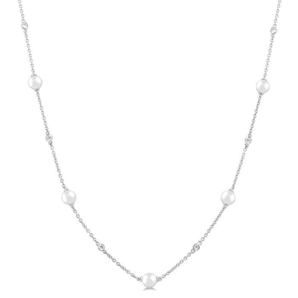 4 MM Round Shape Cultured Pearl and 1/6 Ctw Round Cut Diamond Station Necklace in 14K White Gold