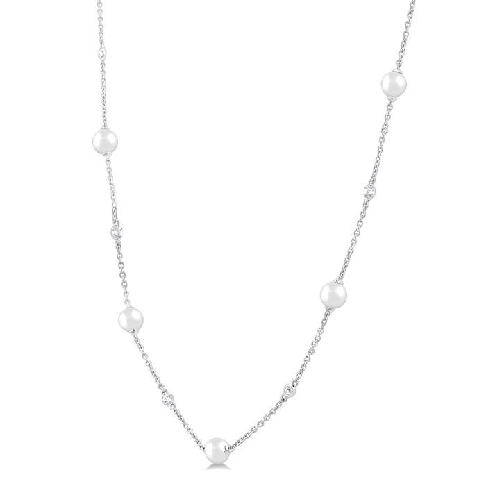 4 MM Round Shape Cultured Pearl and 1/6 Ctw Round Cut Diamond Station Necklace in 14K White Gold