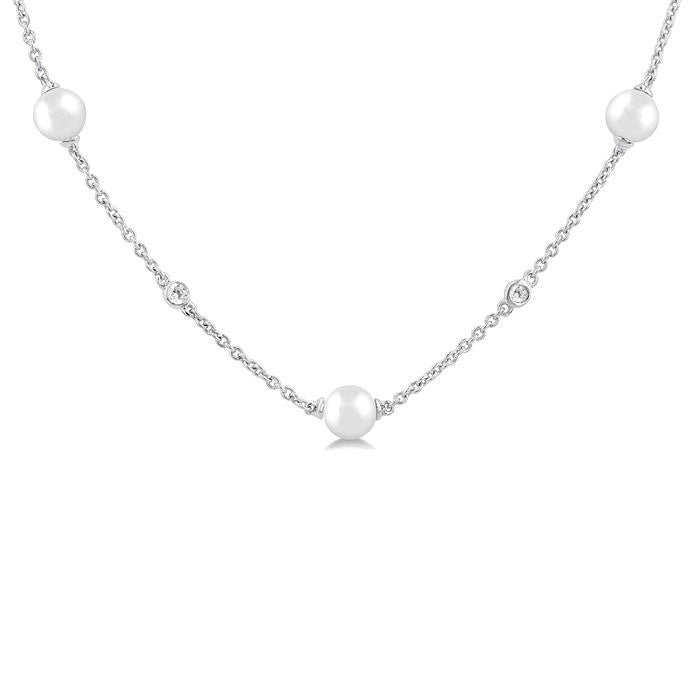 4 MM Round Shape Cultured Pearl and 1/6 Ctw Round Cut Diamond Station Necklace in 14K White Gold