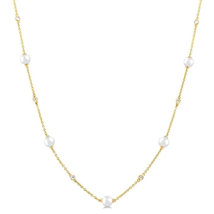 4 MM Round Shape Cultured Pearl and 1/6 Ctw Round Cut Diamond Station Necklace in 14K Yellow Gold