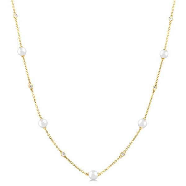 4 MM Round Shape Cultured Pearl and 1/6 Ctw Round Cut Diamond Station Necklace in 14K Yellow Gold