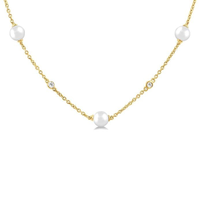 4 MM Round Shape Cultured Pearl and 1/6 Ctw Round Cut Diamond Station Necklace in 14K Yellow Gold