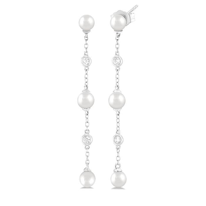 4 MM Round Shape Cultured Pearl and 1/20 Ctw Round Cut Diamond Station Long Earrings in 14K White Gold