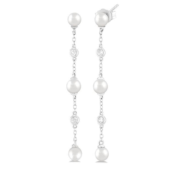 4 MM Round Shape Cultured Pearl and 1/20 Ctw Round Cut Diamond Station Long Earrings in 14K White Gold