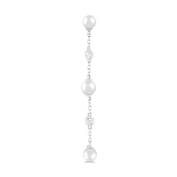 4 MM Round Shape Cultured Pearl and 1/20 Ctw Round Cut Diamond Station Long Earrings in 14K White Gold