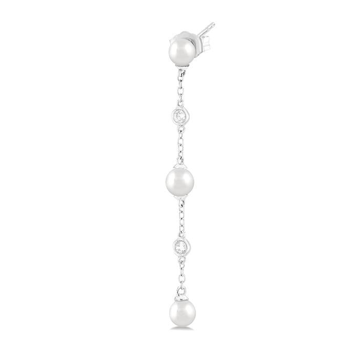 4 MM Round Shape Cultured Pearl and 1/20 Ctw Round Cut Diamond Station Long Earrings in 14K White Gold
