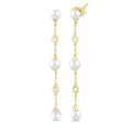 4 MM Round Shape Cultured Pearl and 1/20 Ctw Round Cut Diamond Station Long Earrings in 14K Yellow Gold