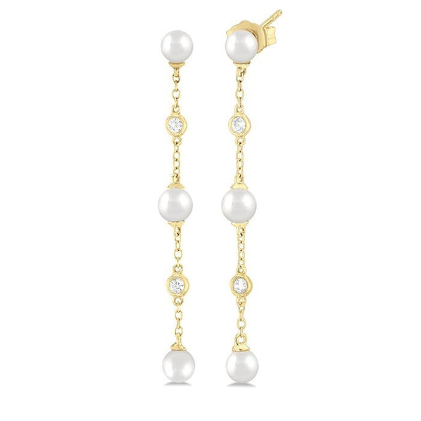 4 MM Round Shape Cultured Pearl and 1/20 Ctw Round Cut Diamond Station Long Earrings in 14K Yellow Gold