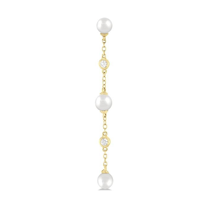 4 MM Round Shape Cultured Pearl and 1/20 Ctw Round Cut Diamond Station Long Earrings in 14K Yellow Gold