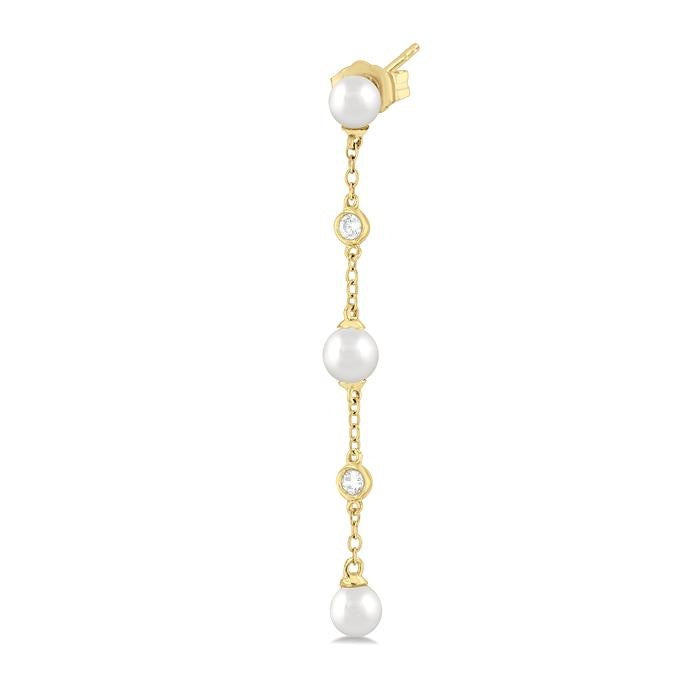 4 MM Round Shape Cultured Pearl and 1/20 Ctw Round Cut Diamond Station Long Earrings in 14K Yellow Gold