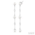 4 MM Round Shape Cultured Pearl and 1/20 Ctw Round Cut Diamond Station Long Earrings in 14K White Gold