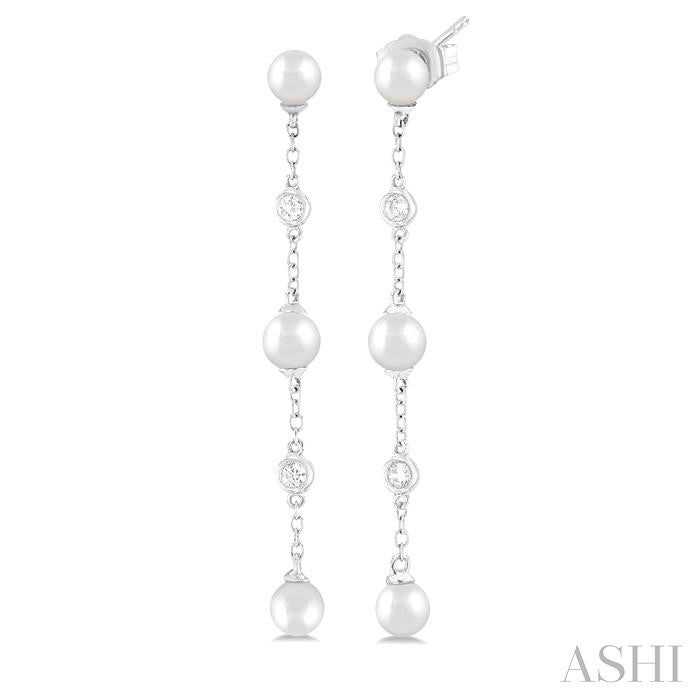 4 MM Round Shape Cultured Pearl and 1/20 Ctw Round Cut Diamond Station Long Earrings in 14K White Gold
