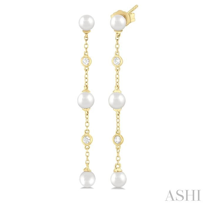4 MM Round Shape Cultured Pearl and 1/20 Ctw Round Cut Diamond Station Long Earrings in 14K Yellow Gold