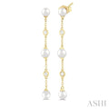 4 MM Round Shape Cultured Pearl and 1/20 Ctw Round Cut Diamond Station Long Earrings in 14K Yellow Gold