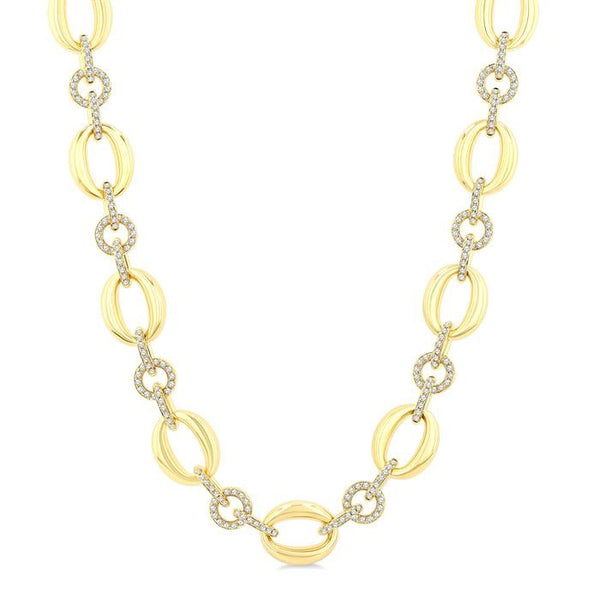 2 1/3 Ctw Open-Window Oval and Circular Link Round Cut Diamond Aeris Gold Bold Fashion Necklace in 14K Yellow Gold