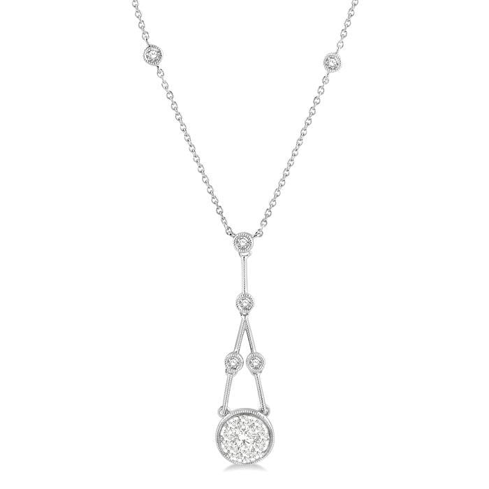 5/8 Ctw Bar & Circular Mount Motif Round Cut Diamond Shine Bright Necklace in 14K White Gold