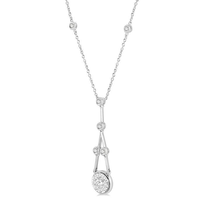5/8 Ctw Bar & Circular Mount Motif Round Cut Diamond Shine Bright Necklace in 14K White Gold