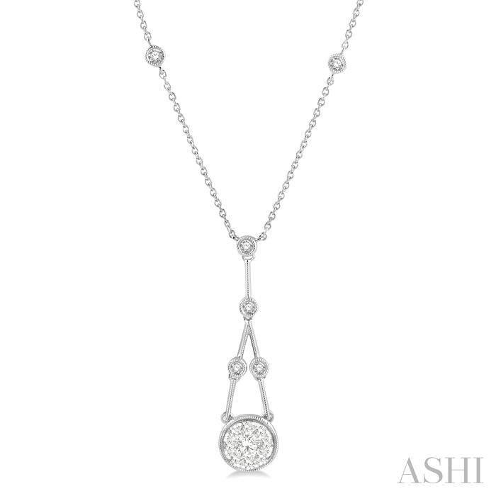 5/8 Ctw Bar & Circular Mount Motif Round Cut Diamond Shine Bright Necklace in 14K White Gold