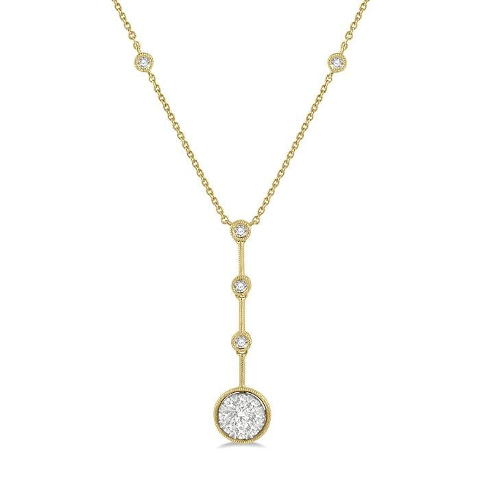 5/8 Ctw Circular Mount & Bar Extension Round Cut Diamond Shine Bright Necklace in 14K Yellow and White Gold
