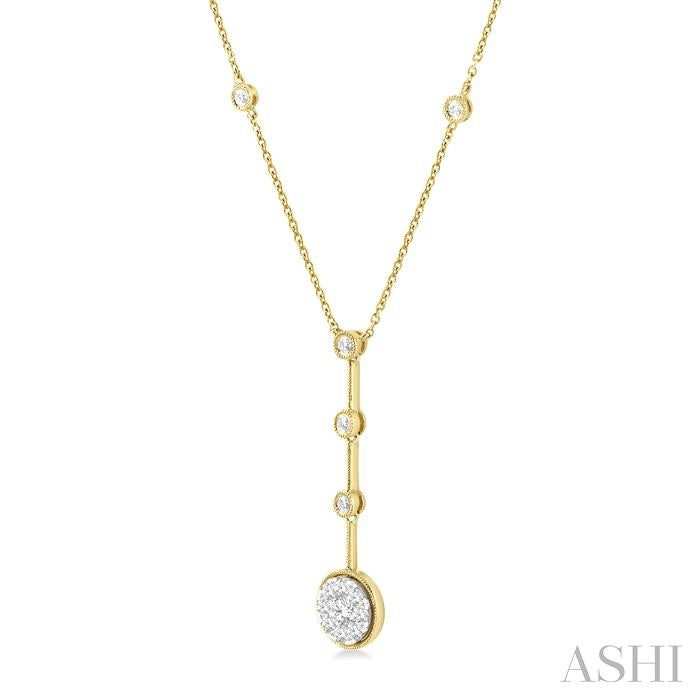 5/8 Ctw Circular Mount & Bar Extension Round Cut Diamond Shine Bright Necklace in 14K Yellow and White Gold