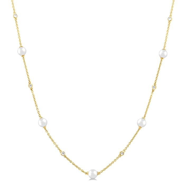 3 MM Round Shape Cultured Pearl and 1/8 Ctw Round Cut Diamond Station Necklace in 14K Yellow Gold