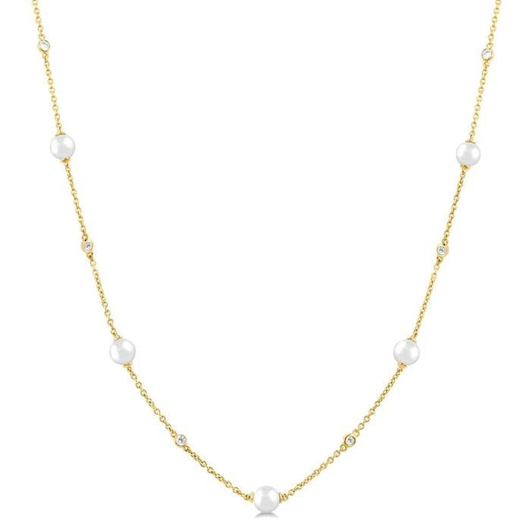 3 MM Round Shape Cultured Pearl and 1/8 Ctw Round Cut Diamond Station Necklace in 14K Yellow Gold