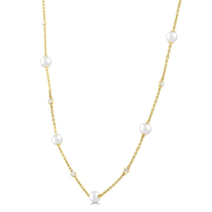 3 MM Round Shape Cultured Pearl and 1/8 Ctw Round Cut Diamond Station Necklace in 14K Yellow Gold