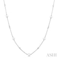 3 MM Round Shape Cultured Pearl and 1/8 Ctw Round Cut Diamond Station Necklace in 14K White Gold