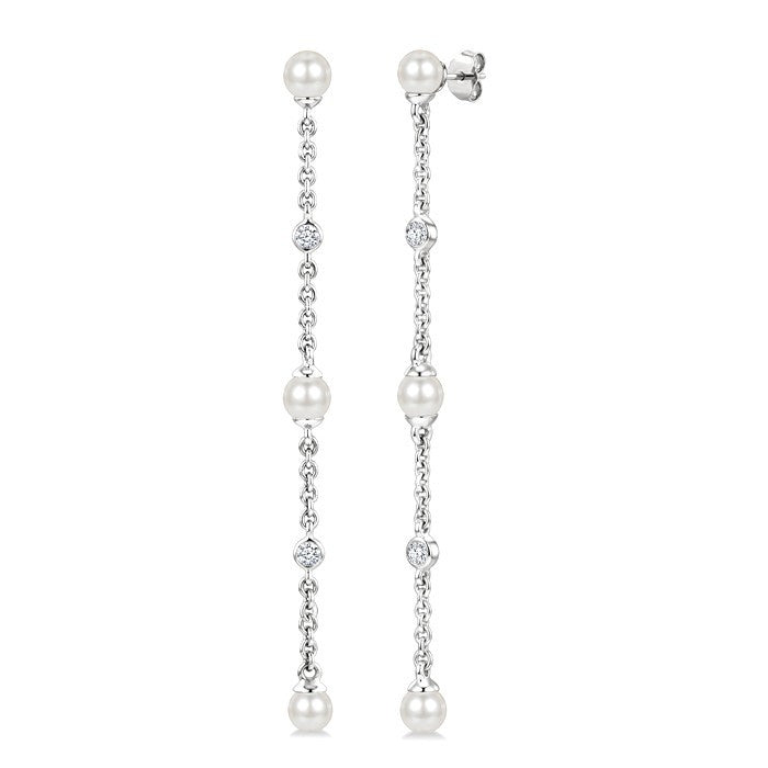 3 MM Round Shape Cultured Pearl and 1/20 Ctw Round Cut Diamond Station Long Earrings in 14K White Gold