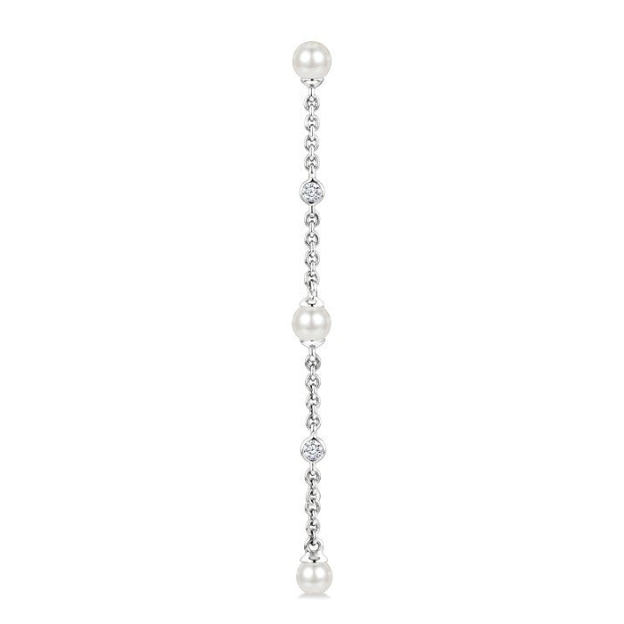 3 MM Round Shape Cultured Pearl and 1/20 Ctw Round Cut Diamond Station Long Earrings in 14K White Gold